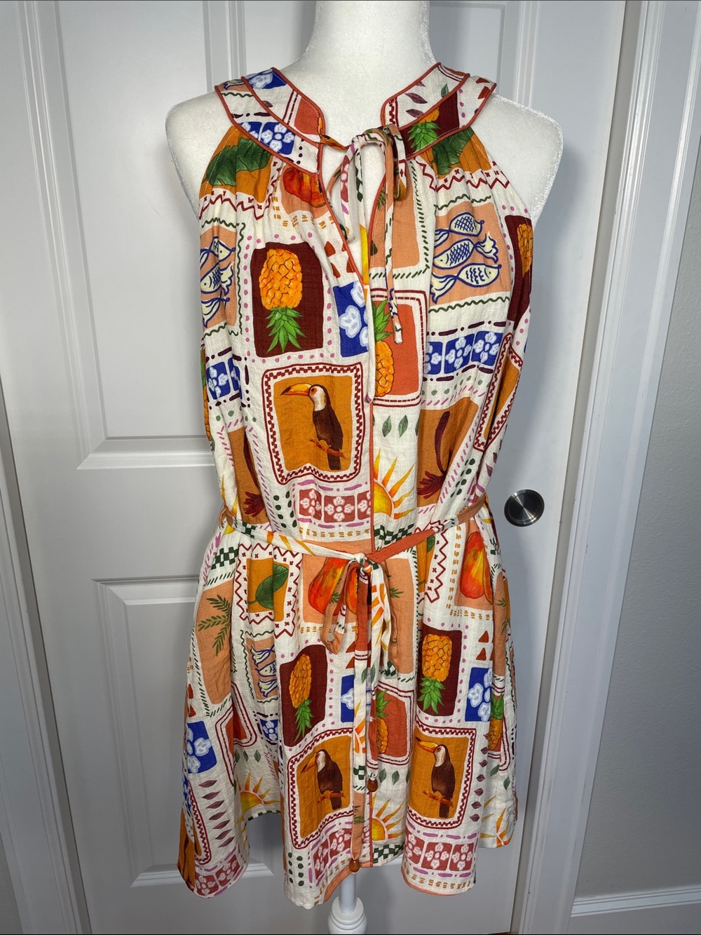 Ciebon Kyndra Grid Print Halter Dress Large Tropical Print Pineapple Toucans - Picture 3 of 14